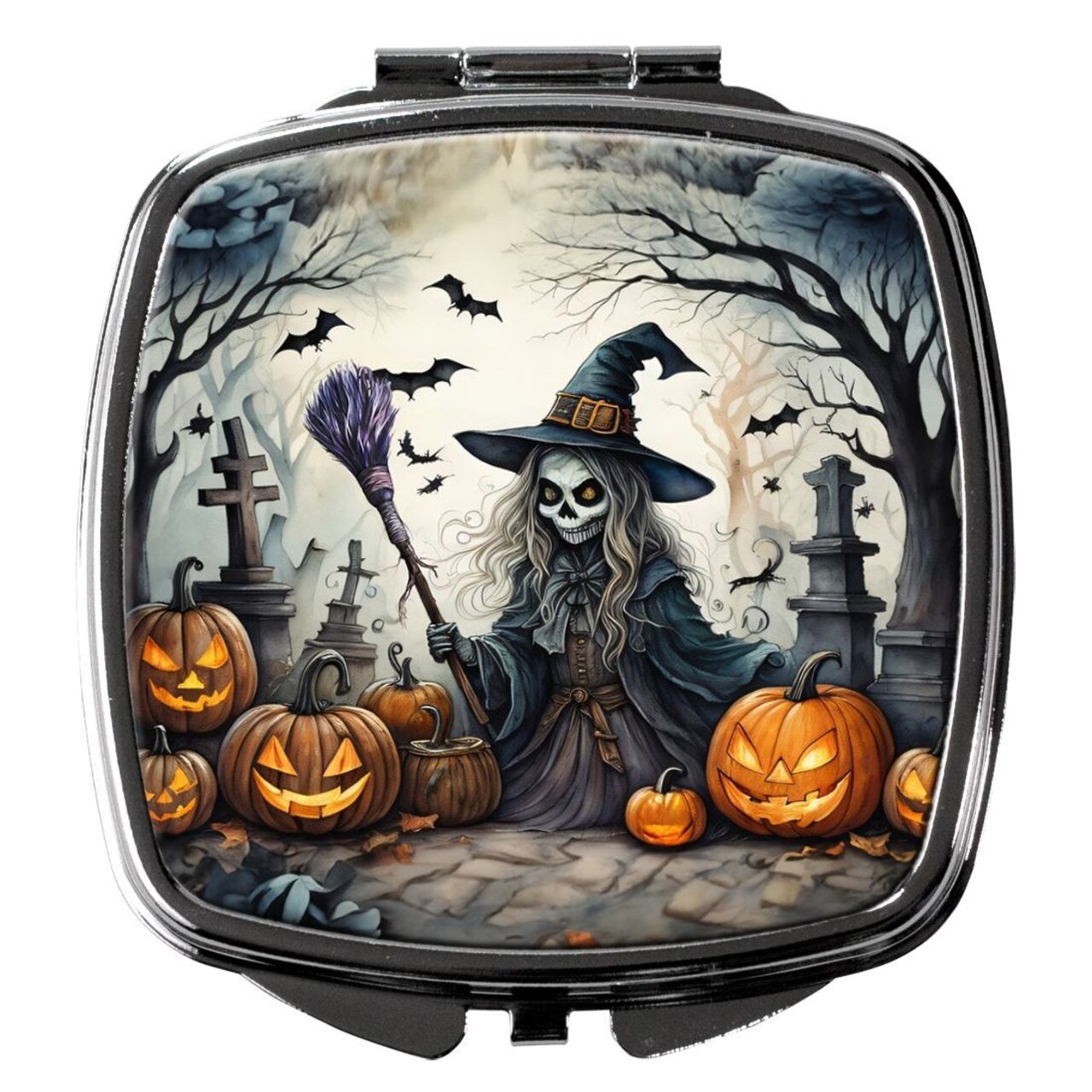 Edge Collections - 2.75" X 3" - Multicolor - Witch Spooky Halloween Compact Mirror Silvertone Decorative Travel Makeup Mirror - Pocket Handheld - 2 Piece